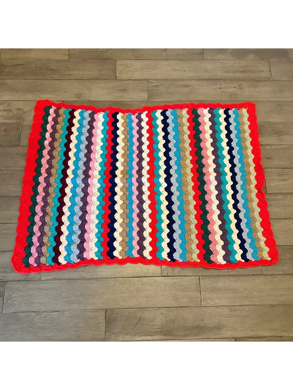 Vintage Hand Crocheted Ripple Afghan Throw Blanket Multicolor Scalloped